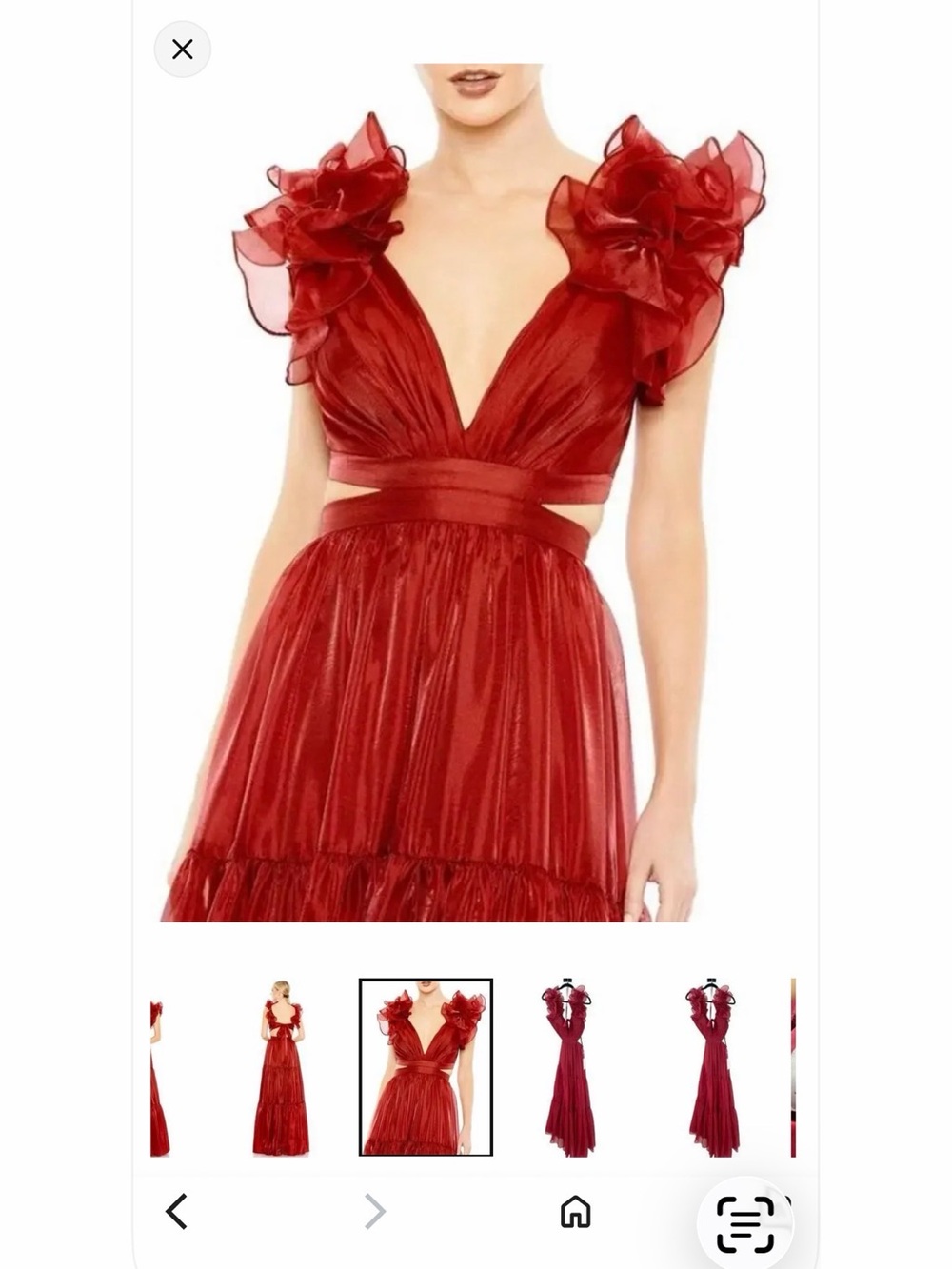 Mac Duggal Red Ruffled-Shoulder Tiered V-Neck Maxi Gown - Picture 2 of 6